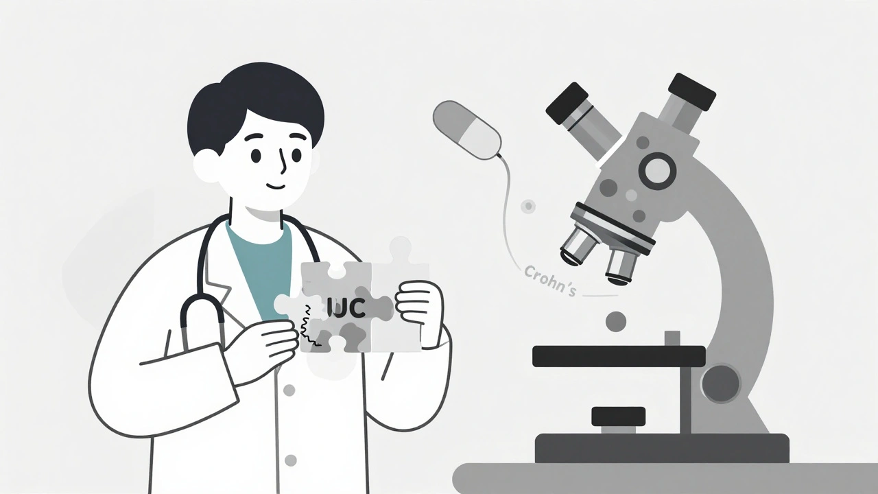 Doctor holding puzzle pieces representing UC and Crohn’s, with medical tools symbolizing diagnosis differences.