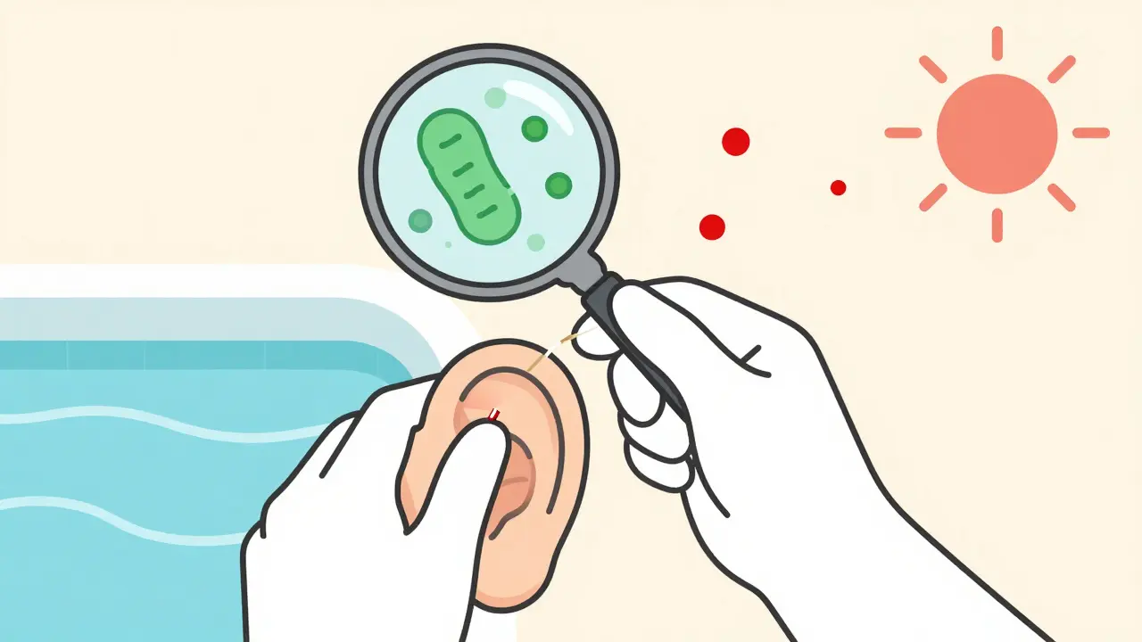 Doctor inserting ear wick while healthy bacteria return to ear canal in minimalist style