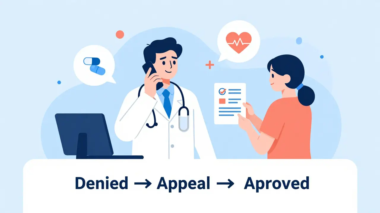 Doctor on phone as patient receives approval, with timeline showing denial to approval transition.