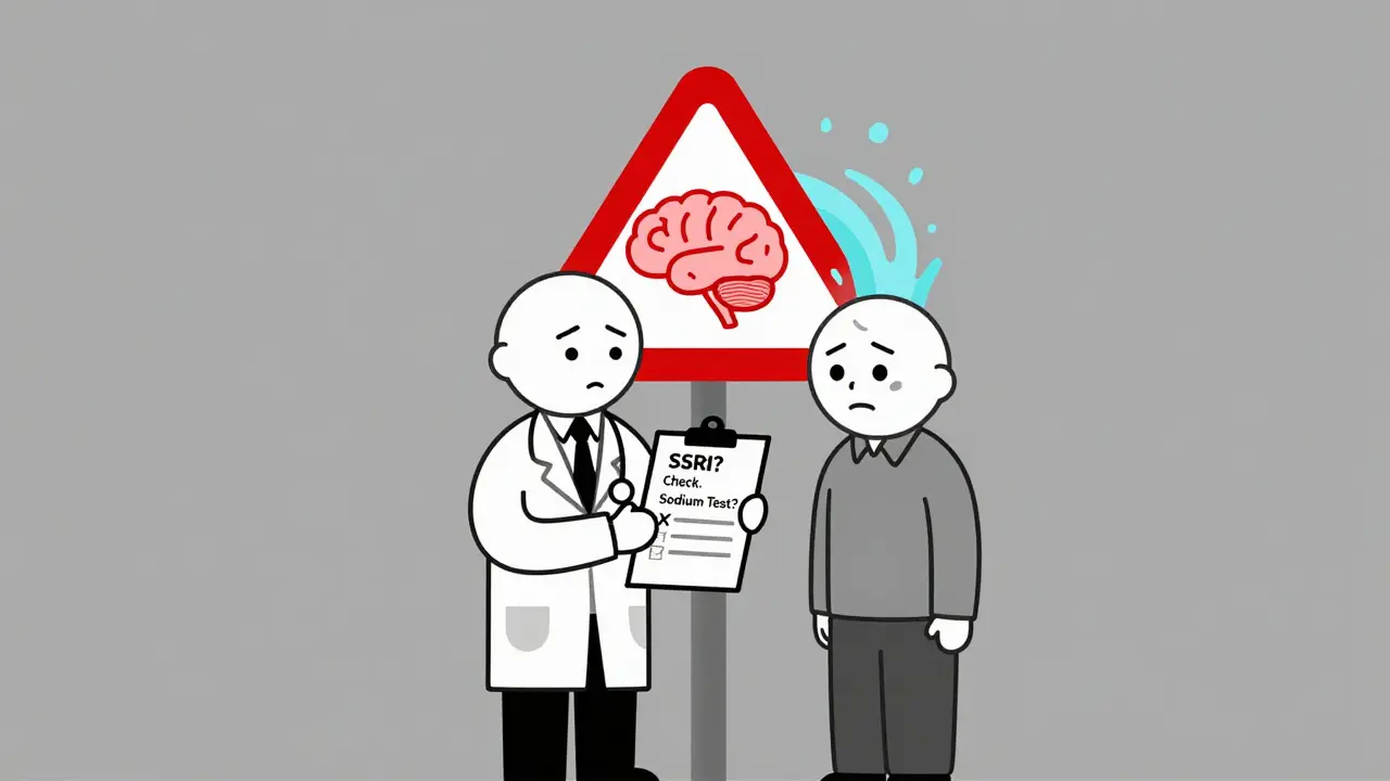 Doctor overlooking a missing sodium test for an elderly patient on an SSRI, with a warning brain icon.
