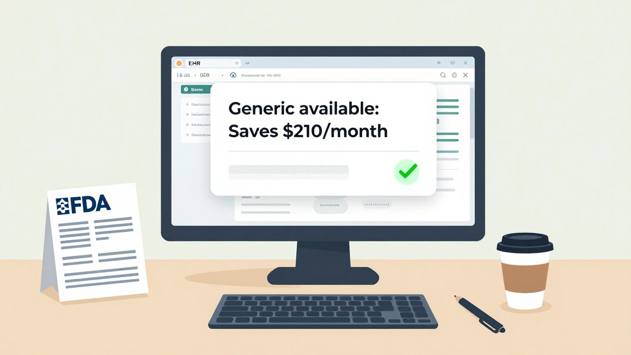 EHR screen showing a pop-up alert for a generic drug alternative with a printed FDA flyer nearby.