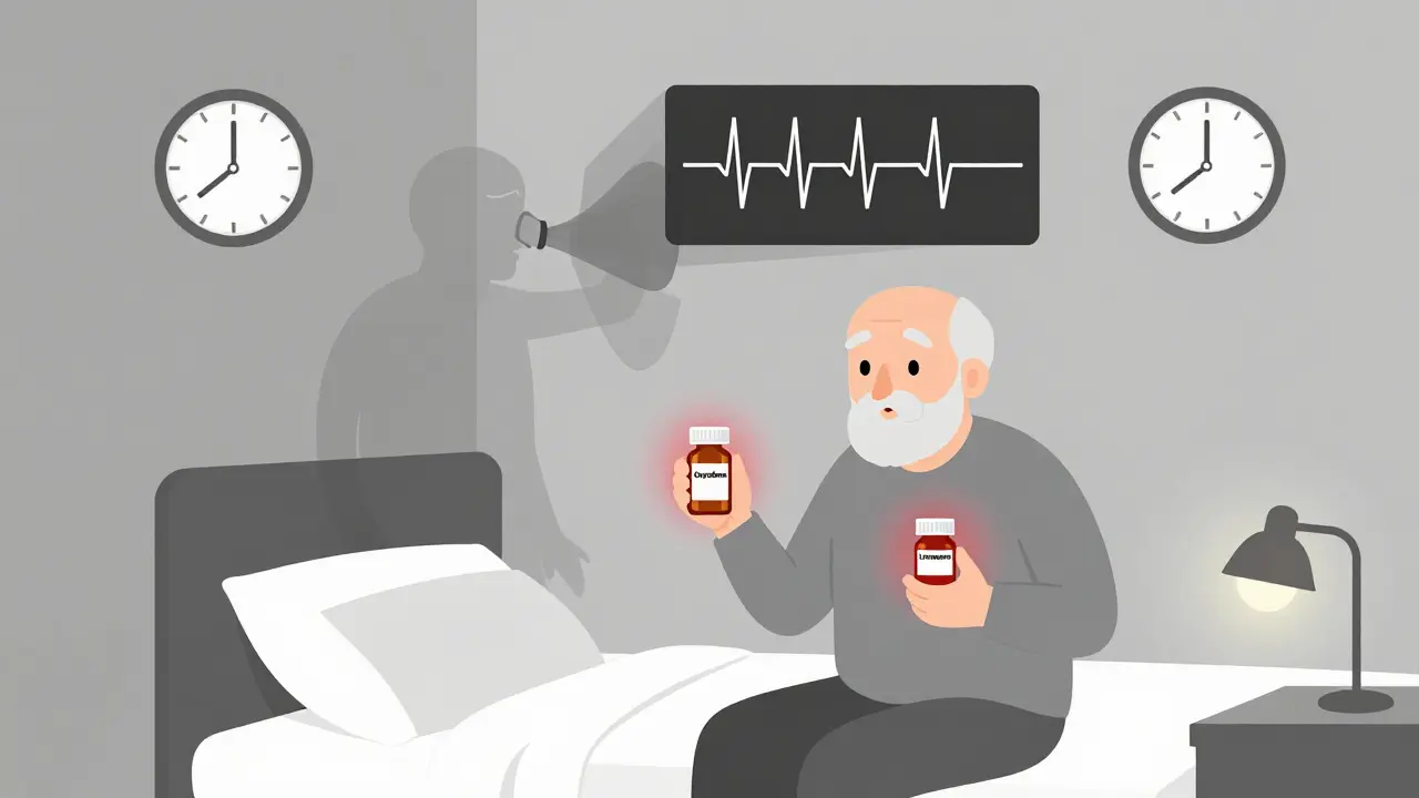Elderly person with pill bottles and a flatlining monitor in a dim room.