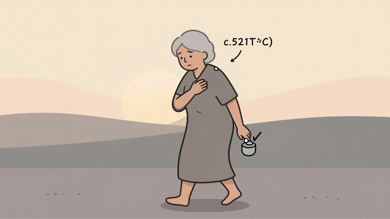 Elderly woman walking with genetic marker above her shoulder and statin pill in hand, symbolizing informed use.