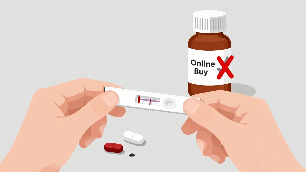 Fentanyl test strip with one line showing next to safe and unsafe pill bottles.