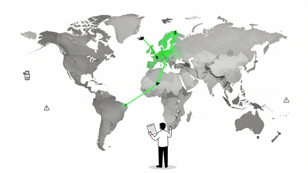 Globe showing only EU with functional prescription connection, other countries blocked, traveler holding doctor&#039;s letter