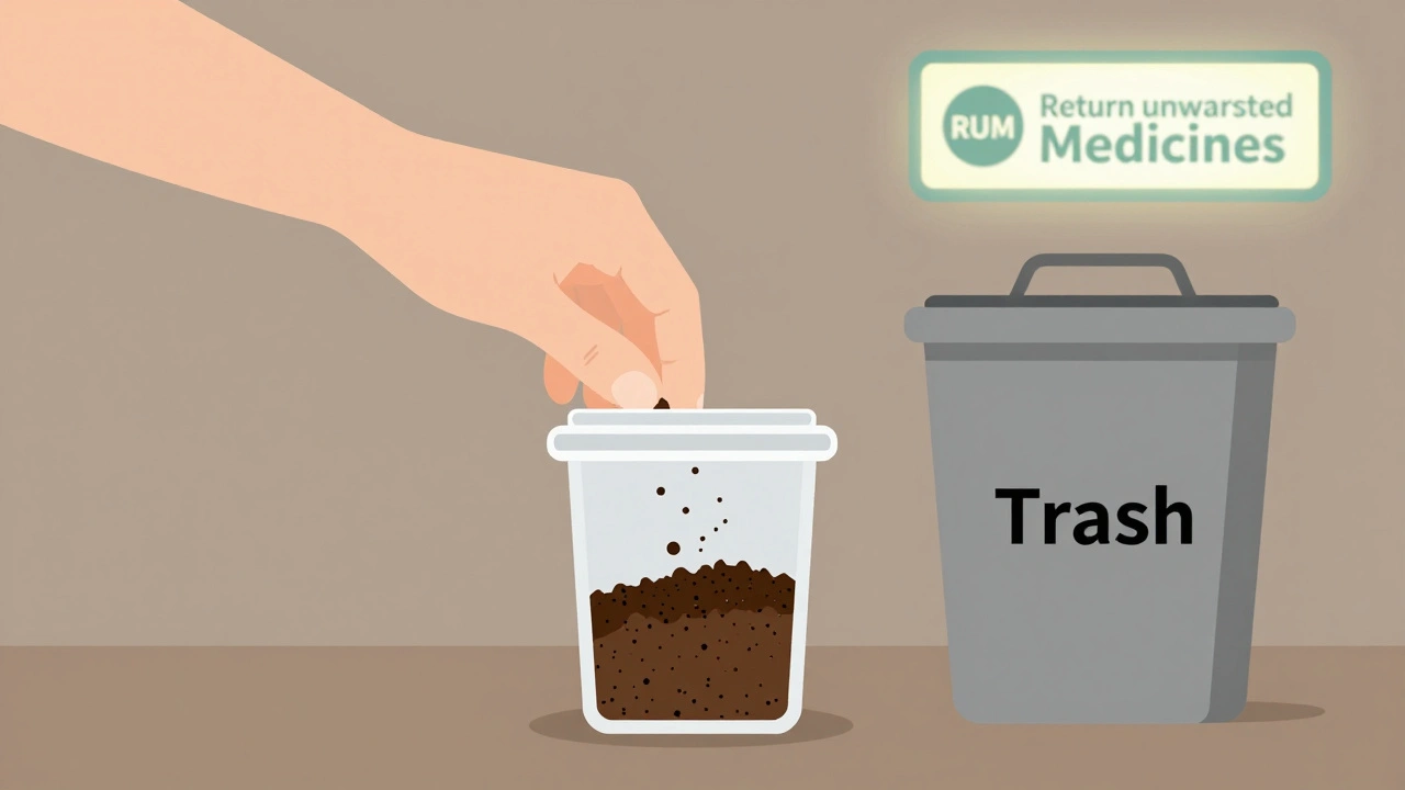Hand disposing of expired meds in trash with coffee grounds, near a pharmacy return symbol.
