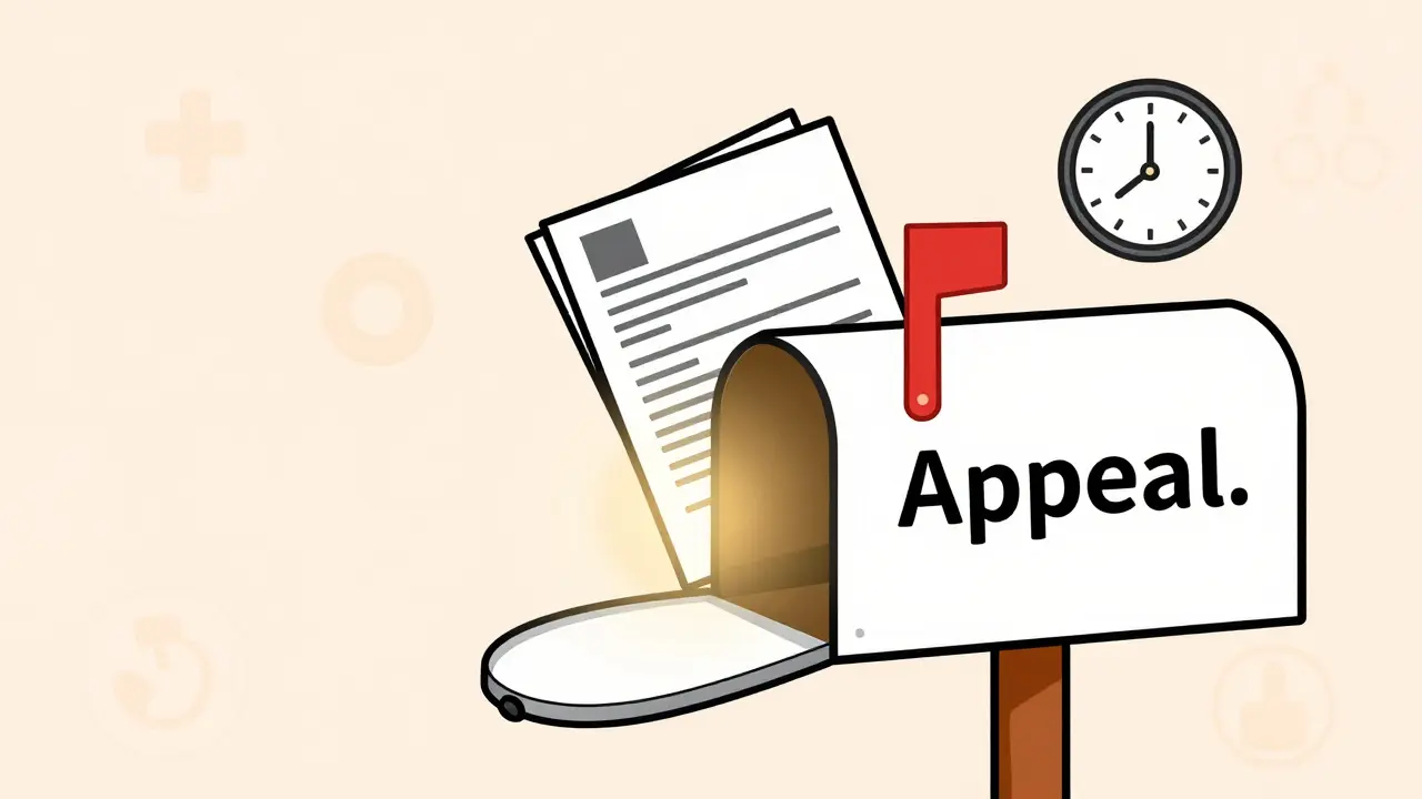 Hand submitting medical documents into an appeal mailbox with a 30-day deadline clock nearby.