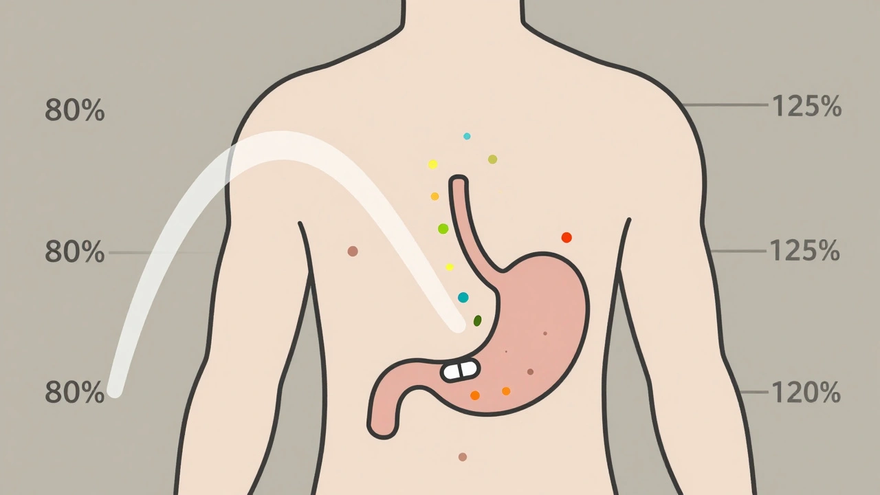 Human torso with abstract drug absorption waves and confidence range markers.
