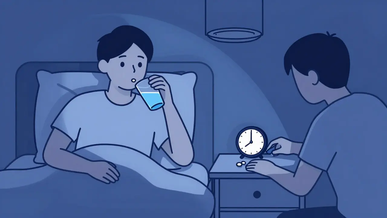 Nighttime scene with person taking thyroid medication in bed, iron supplement on nightstand.