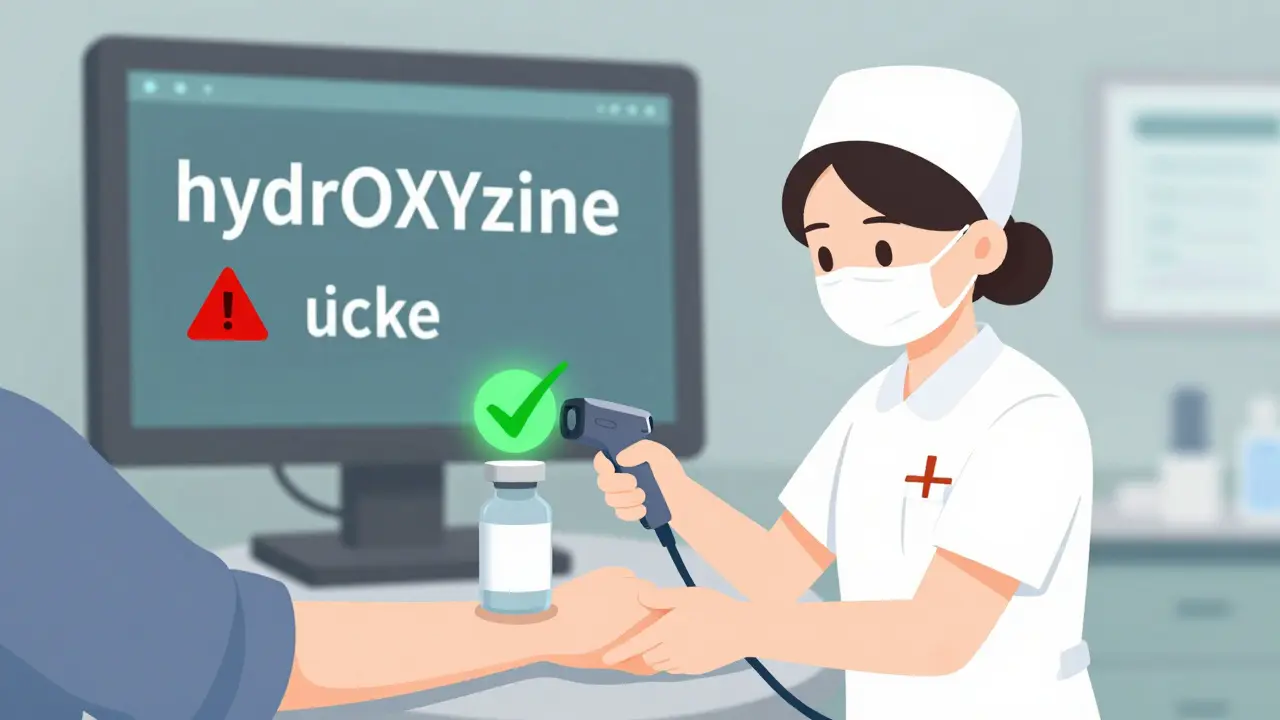 Nurse scanning medication barcode with digital display showing tall man lettering and warning symbol.