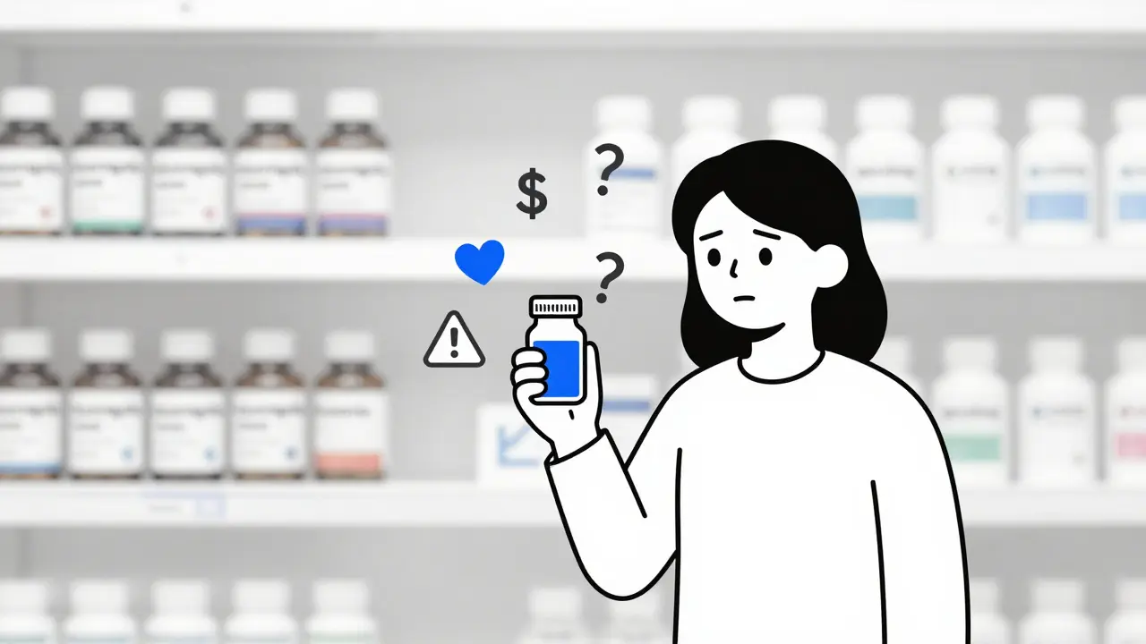 Patient holding bottle with question mark, surrounded by icons representing cost, safety, and substitution confusion