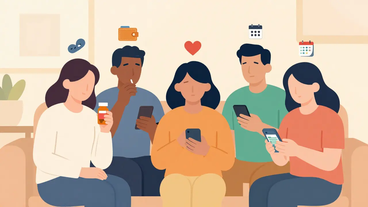 People at home with medication bottles, each connected to icons representing daily life impacts like sleep and cost.