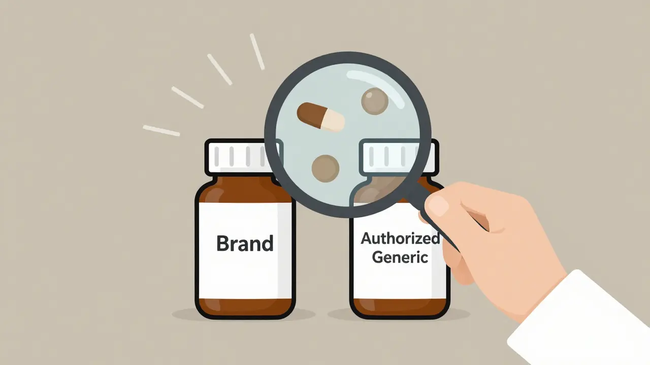 Pharmacist comparing two identical pill bottles with a magnifying glass revealing matching contents.