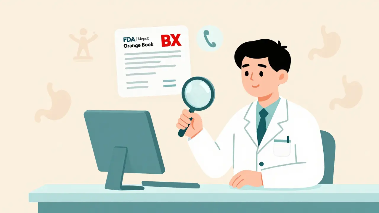 Pharmacist using magnifying glass on pill while FDA Orange Book shows BX rating