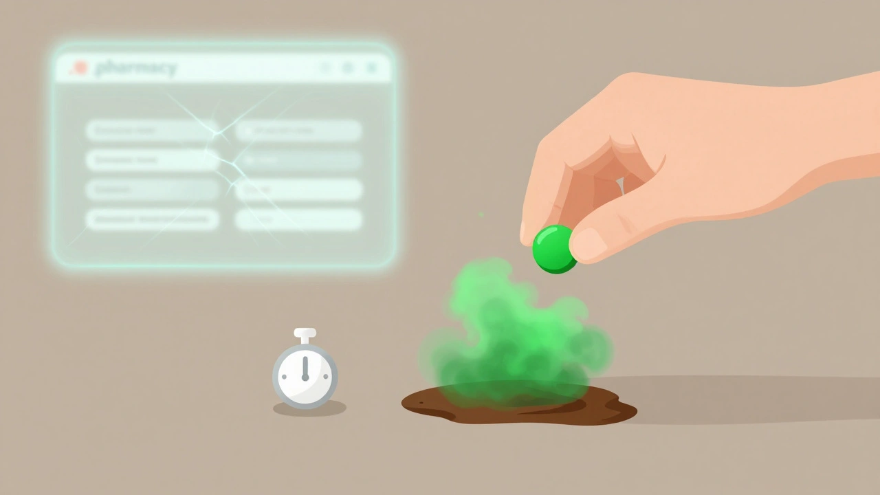 Pill dissolving in coffee into toxic green mist, while a real pill remains intact beside it.