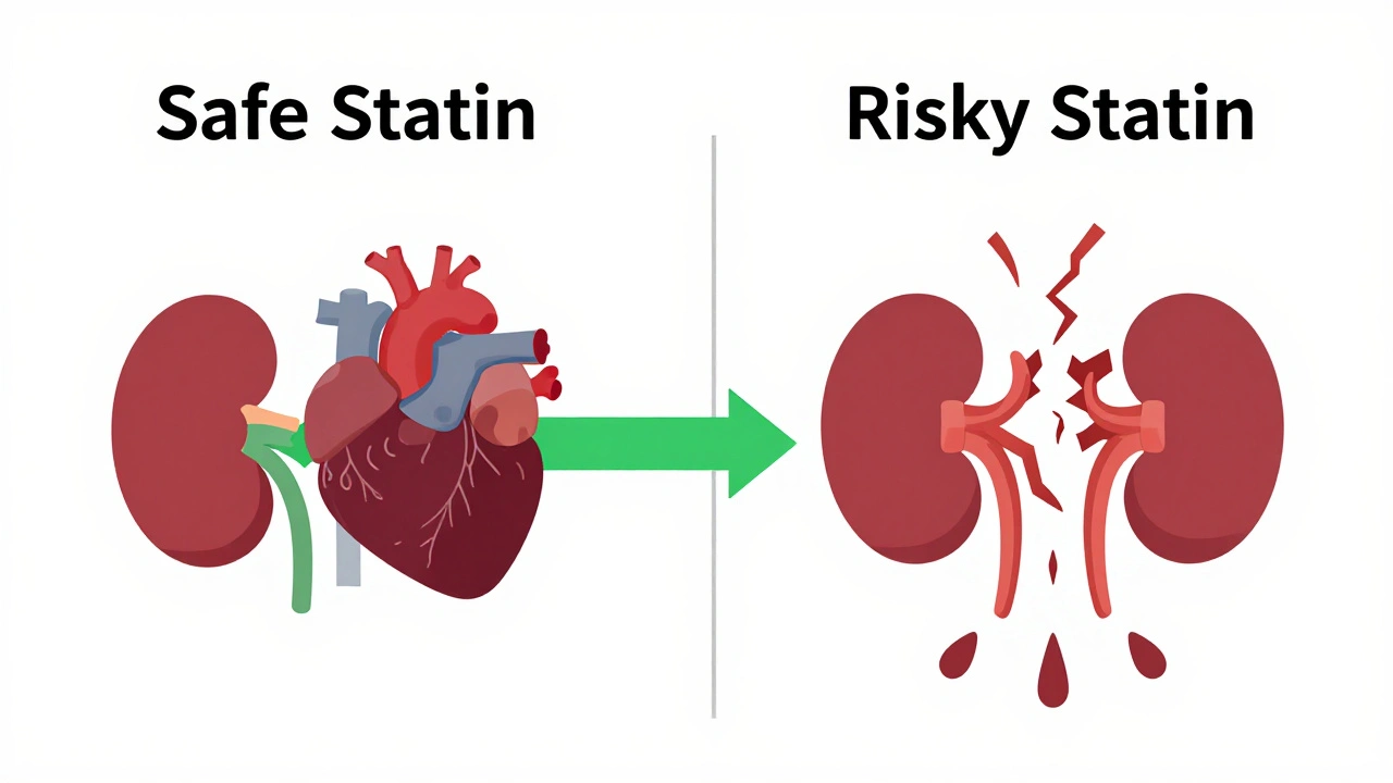 Side-by-side paths showing safe vs. risky statin metabolism with color-coded flow and organ icons.