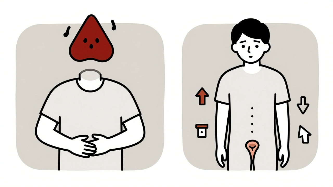 Side-by-side visual comparison of ulcerative colitis symptoms (bloody diarrhea) versus Crohn’s symptoms (fistula and weight loss).