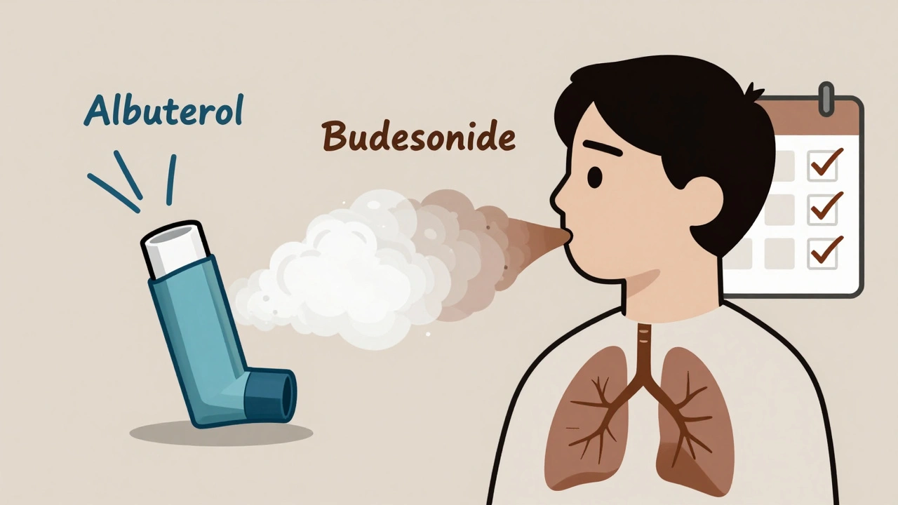 Single combination inhaler delivering both fast-acting and anti-inflammatory medication to lungs.