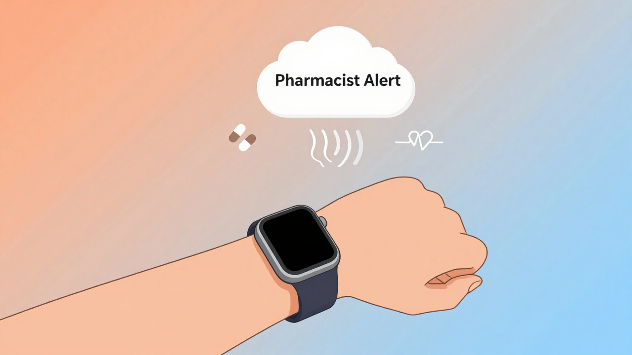 Smartwatch sending health alert to pharmacist via cloud