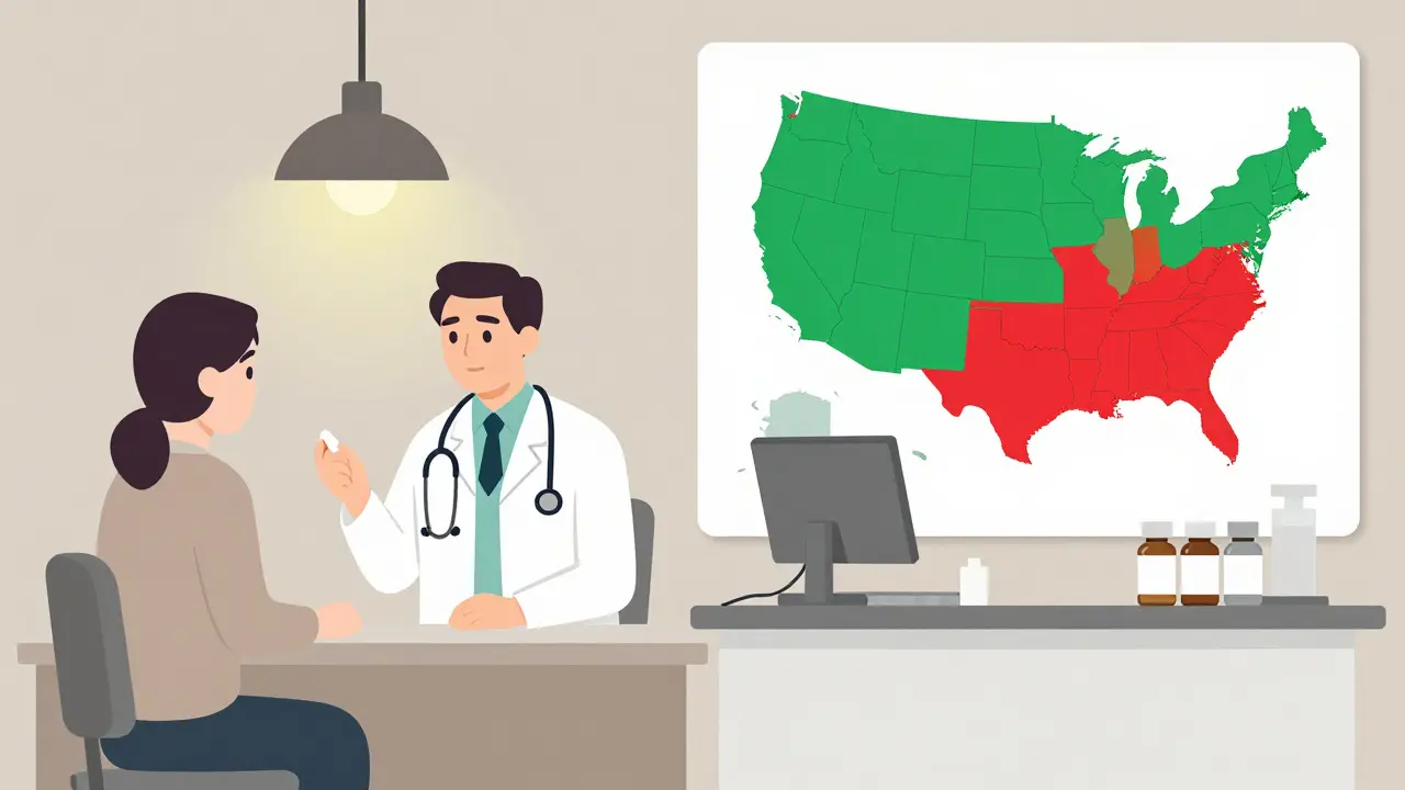 Split scene: doctor consulting patient vs. pharmacist substituting biologic, with U.S. state map in background