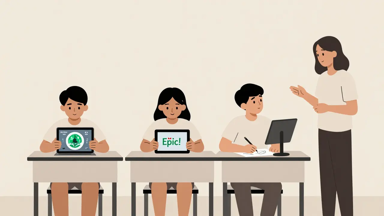 Students engaged in different learning activities using tablets and paper in a classroom.