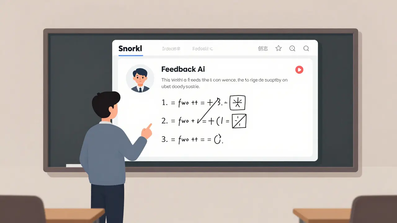 Teacher observing AI feedback on a student’s math explanation on a digital board.