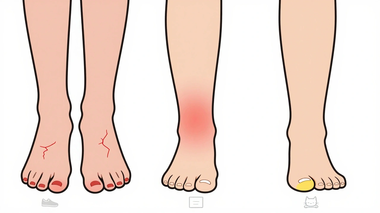 Three minimalist skin infection examples: athlete's foot, jock itch, and nail fungus.