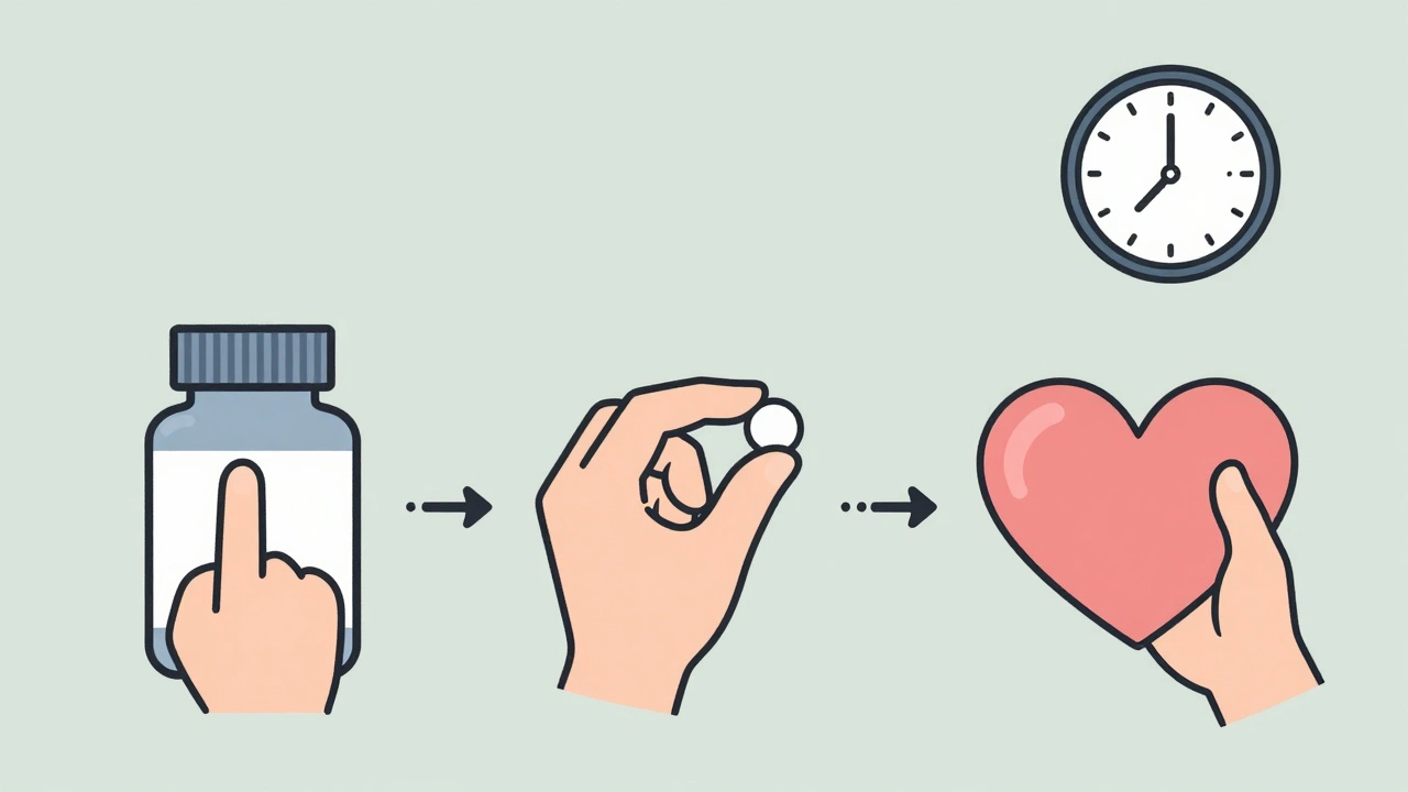 Three simple touches: label, pill, and heart—visual steps to prevent medication errors.
