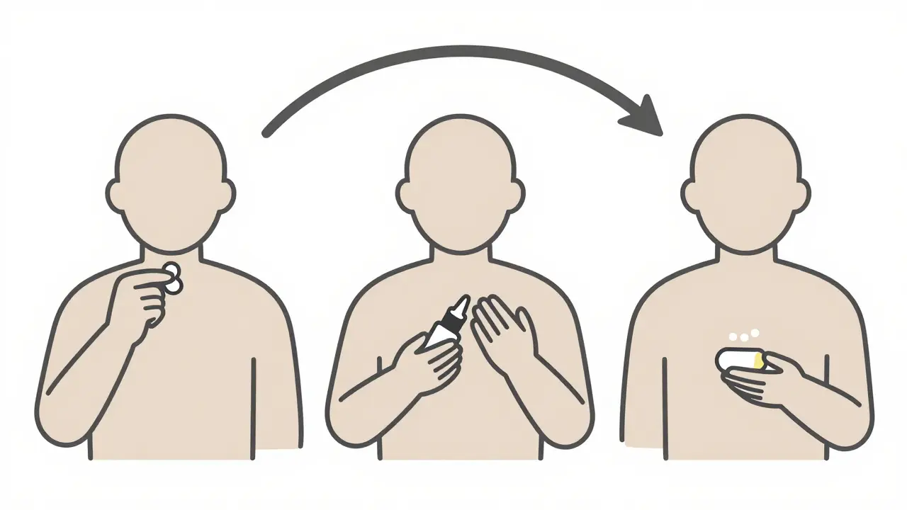 Three symbolic figures representing opioid use, naloxone rescue, and buprenorphine treatment.