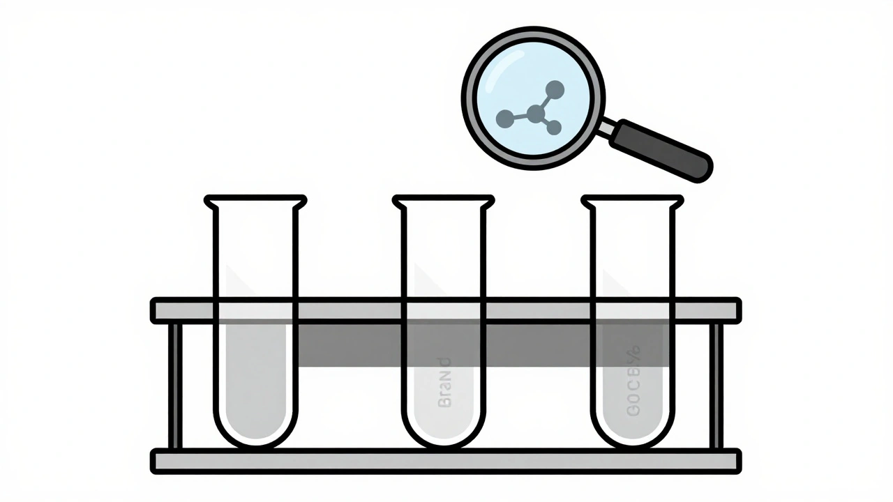 Three test tubes with absorption range shown as a shaded band between them.