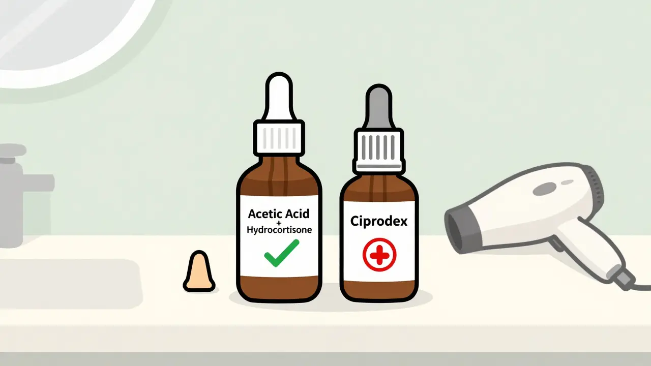 Two ear drop bottles and ear drying tools on a counter with simple icons and pastel colors
