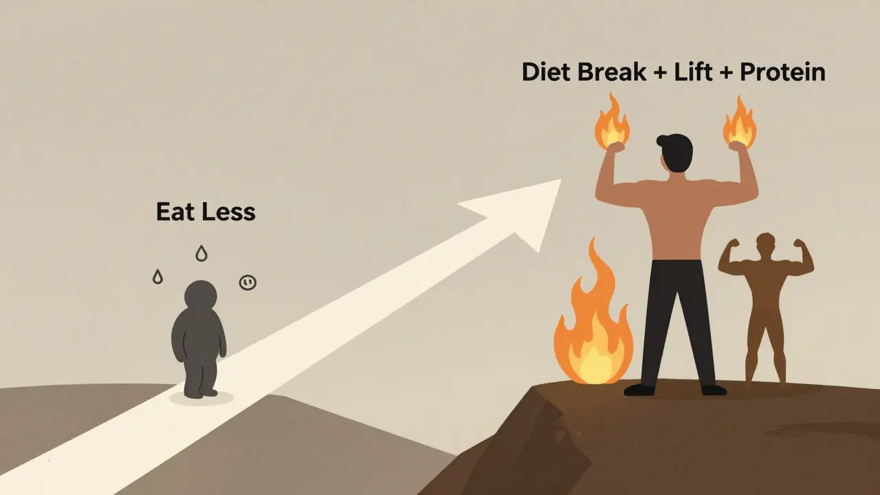 Two paths from a plateau: one leads to decline, the other to strength through diet breaks, lifting, and protein.