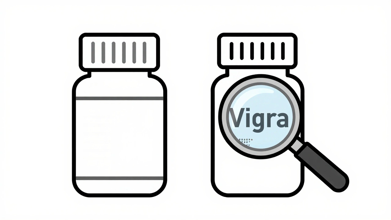 Two pill bottles compared: one with perfect packaging, the other with spelling errors and smudged date.