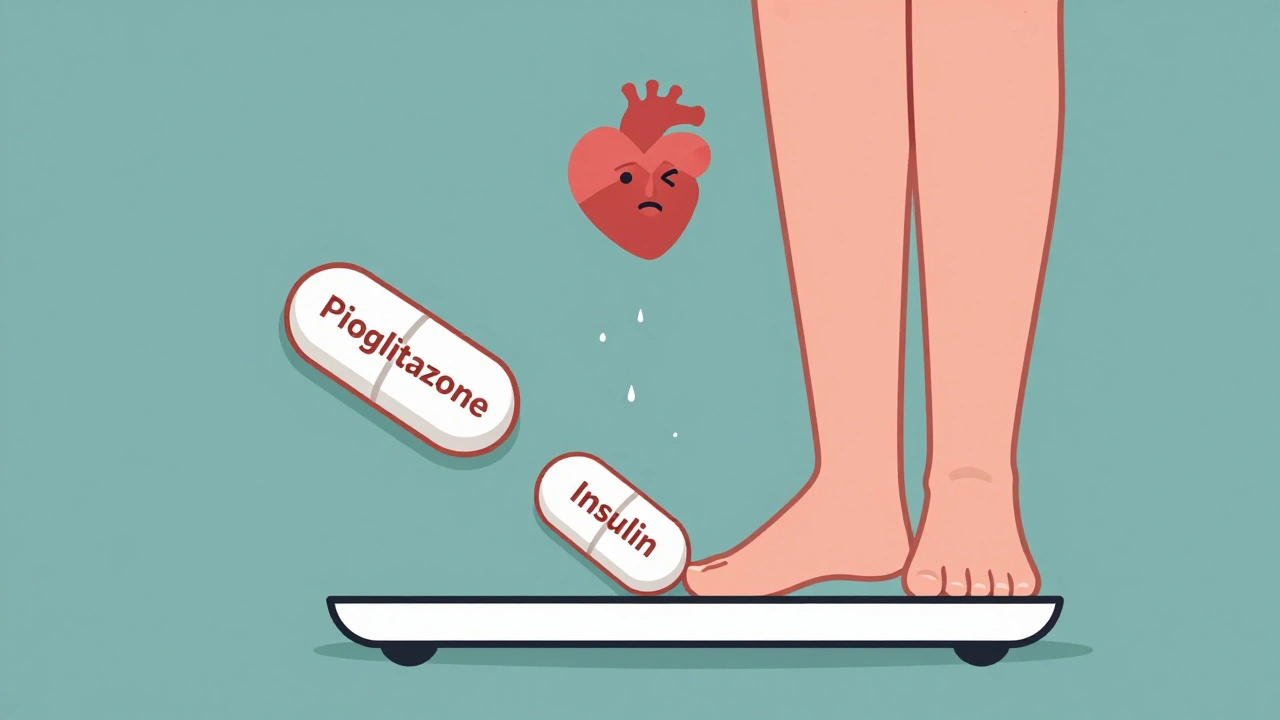 Two pills on a scale tipping down with water rising into swollen legs and a stressed heart.