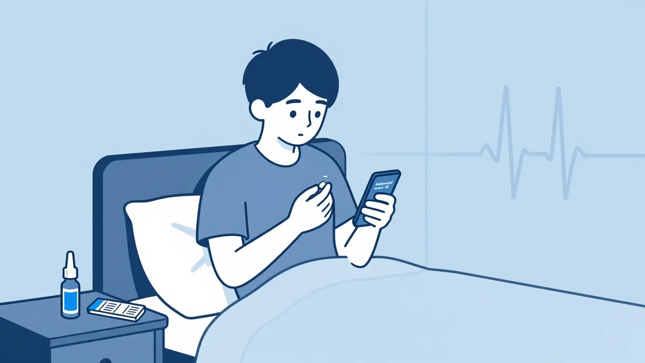 Young person holding a pill and phone ad, naloxone nearby on a bedside table.