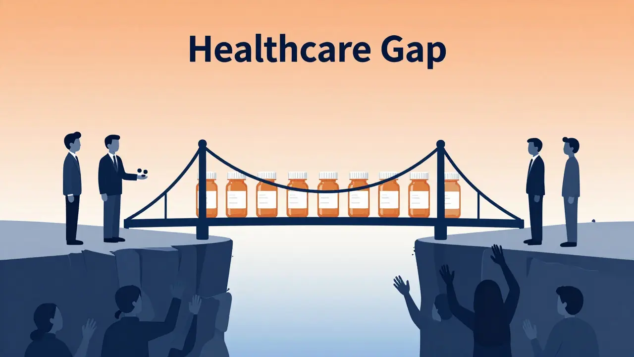 A bridge of pill bottles spanning a healthcare gap, with patients reaching for help.