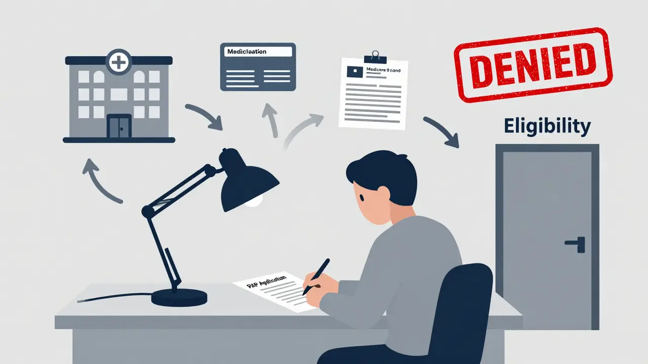 A person struggling to complete a patient assistance application with confusing icons around them.