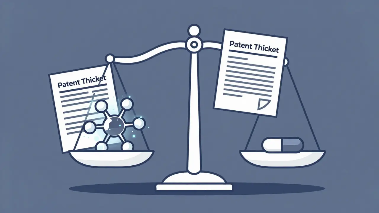 A scale balancing a complex biologic drug against a simple generic pill, with legal documents weighing down the brand side.
