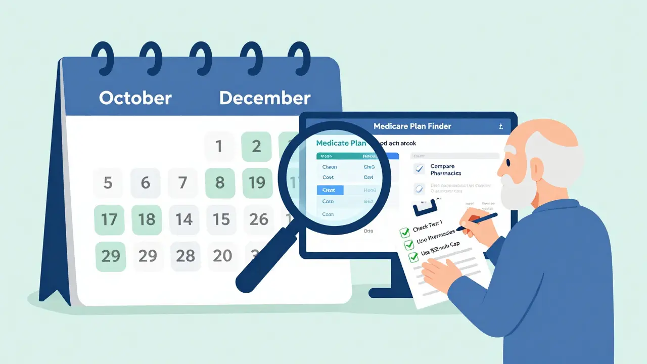 A senior using a Medicare Plan Finder tool during open enrollment, checking drug tiers and pharmacy options with a checklist.