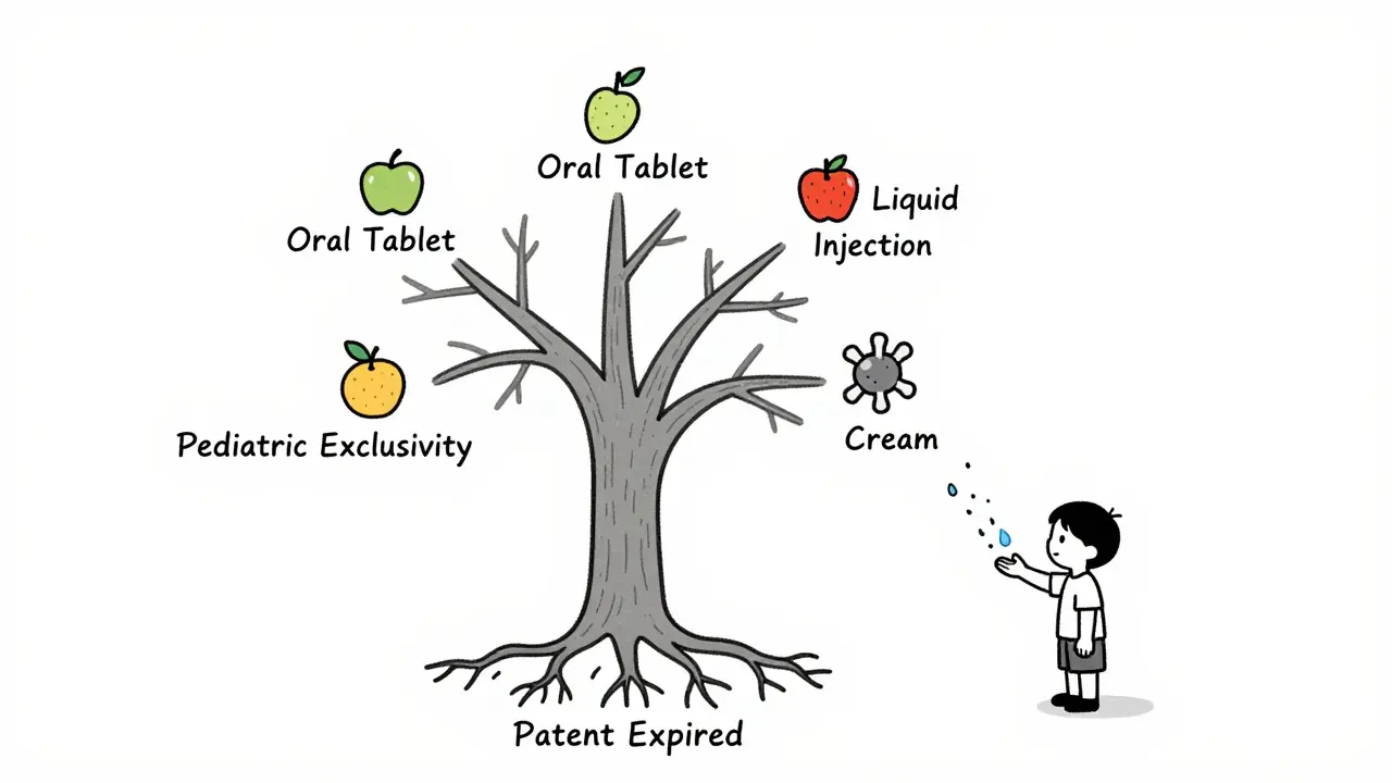 A tree with multiple drug forms as branches, all bearing pediatric exclusivity fruit, while a biologic stands apart.