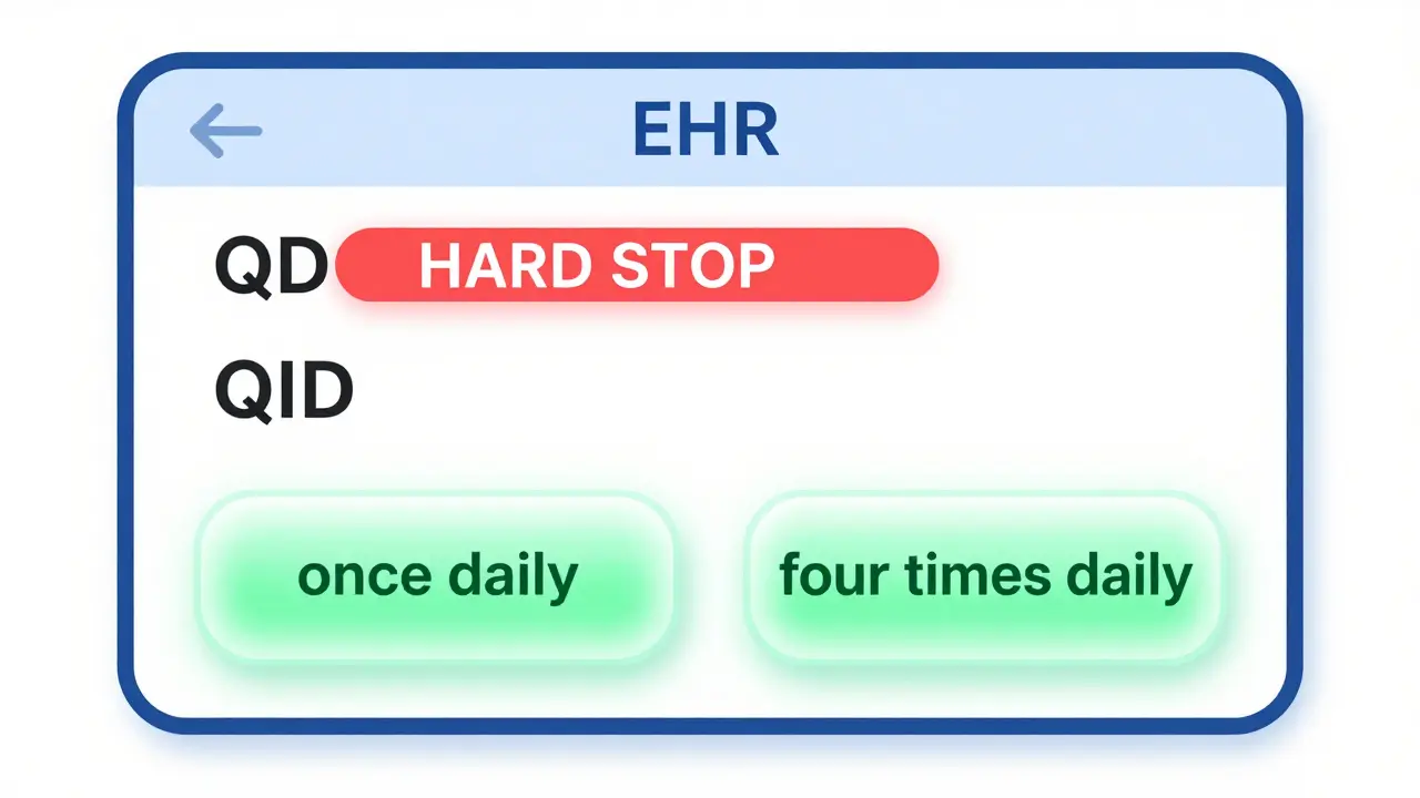 An EHR screen blocking QD/QID with clear 'once daily' and 'four times daily' buttons.
