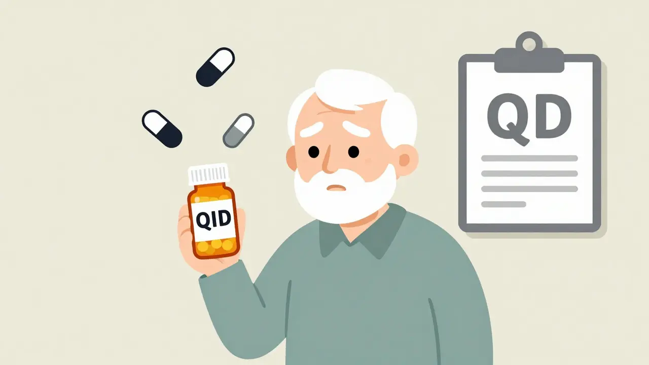 An elderly man confused by a QID label, with four pills floating around him.
