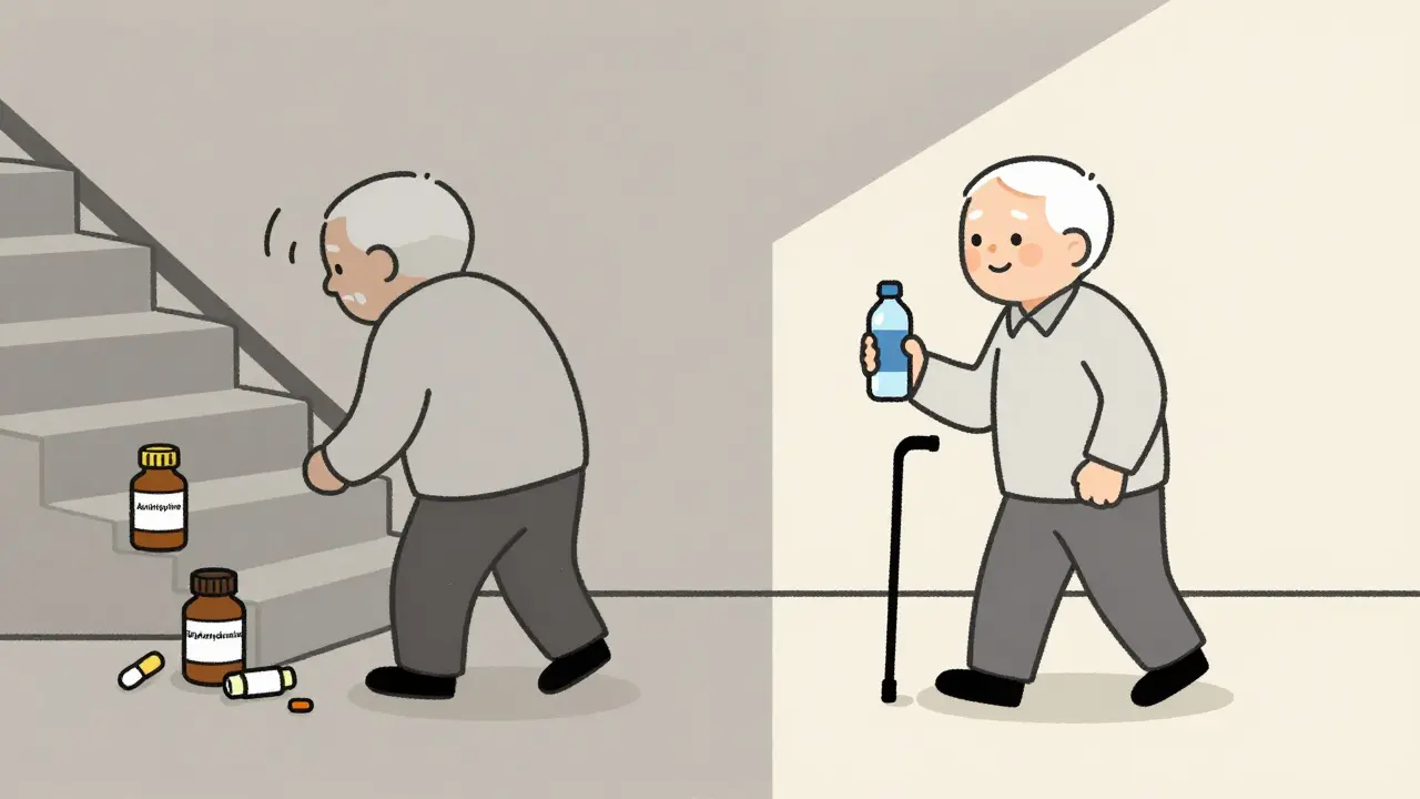 An elderly person transitioning from unsteady fall risk to safe walking with medication and water.