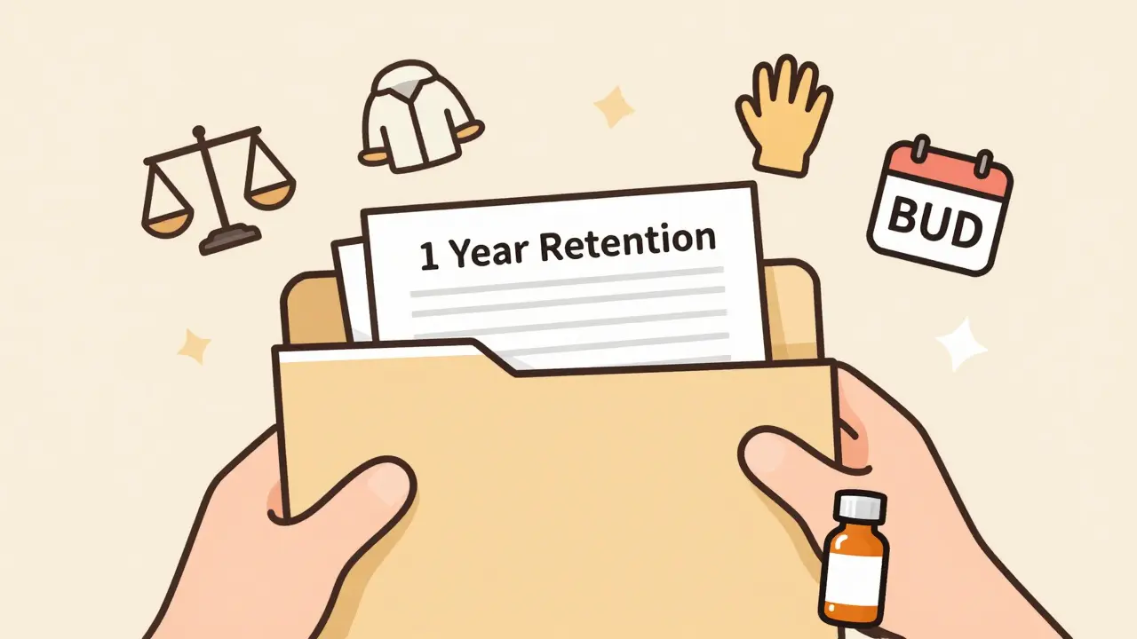 Batch record being filed with icons representing compounding safety steps.