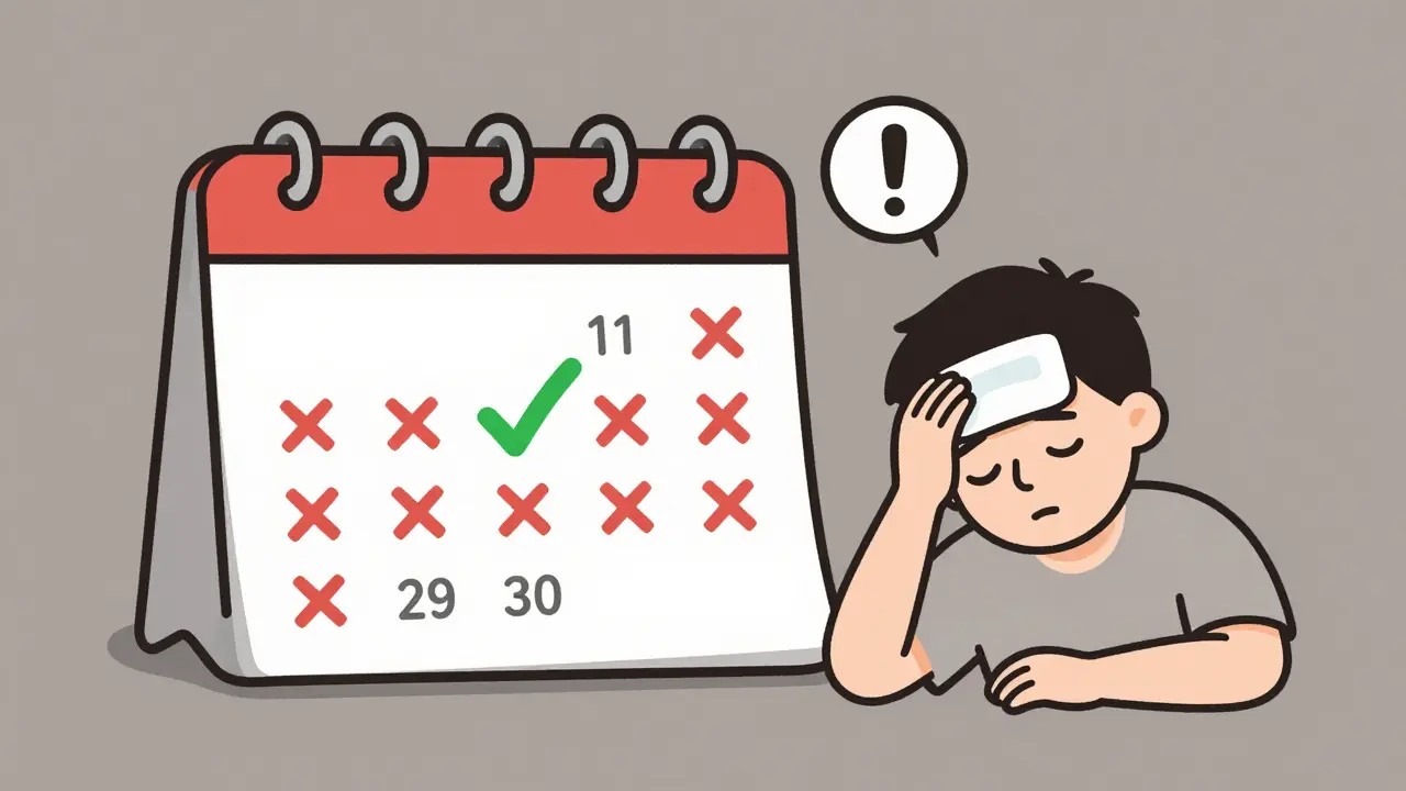 Calendar with 10 red X marks and a warning icon above a person with cold compress.