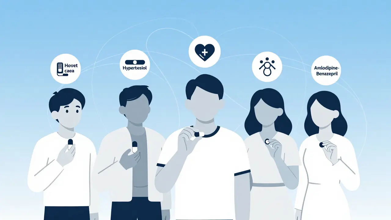 Diverse people taking heart combo generics, each with their condition icon.