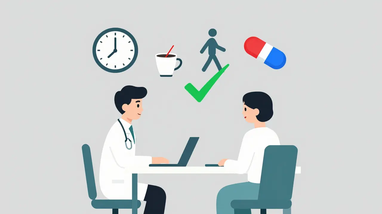 Doctor and patient discussing medication side effects with symbolic icons floating above.