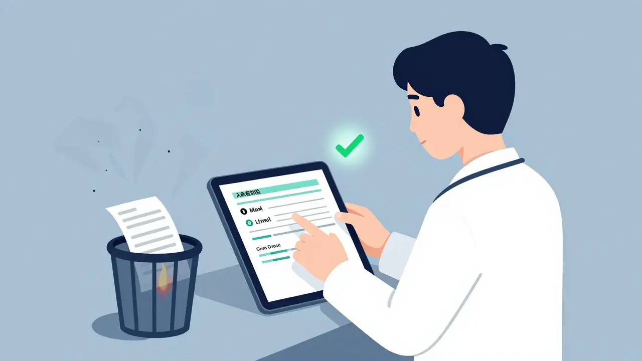 Doctor typing a clear e-prescription on tablet while paper prescription burns in trash bin.