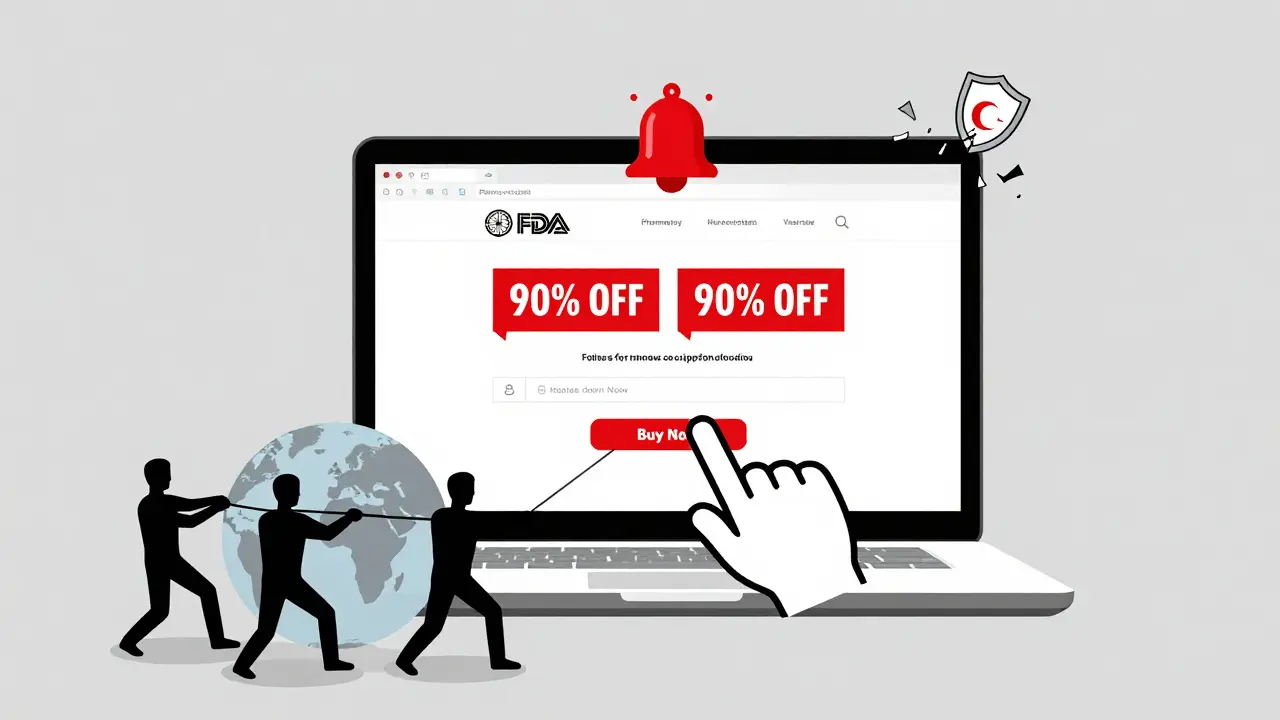 Fake pharmacy website with red alarm bell and shadowy operators behind a globe