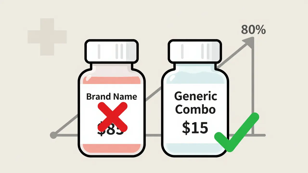Generic combo pill costs  vs brand-name , with rising adherence graph.